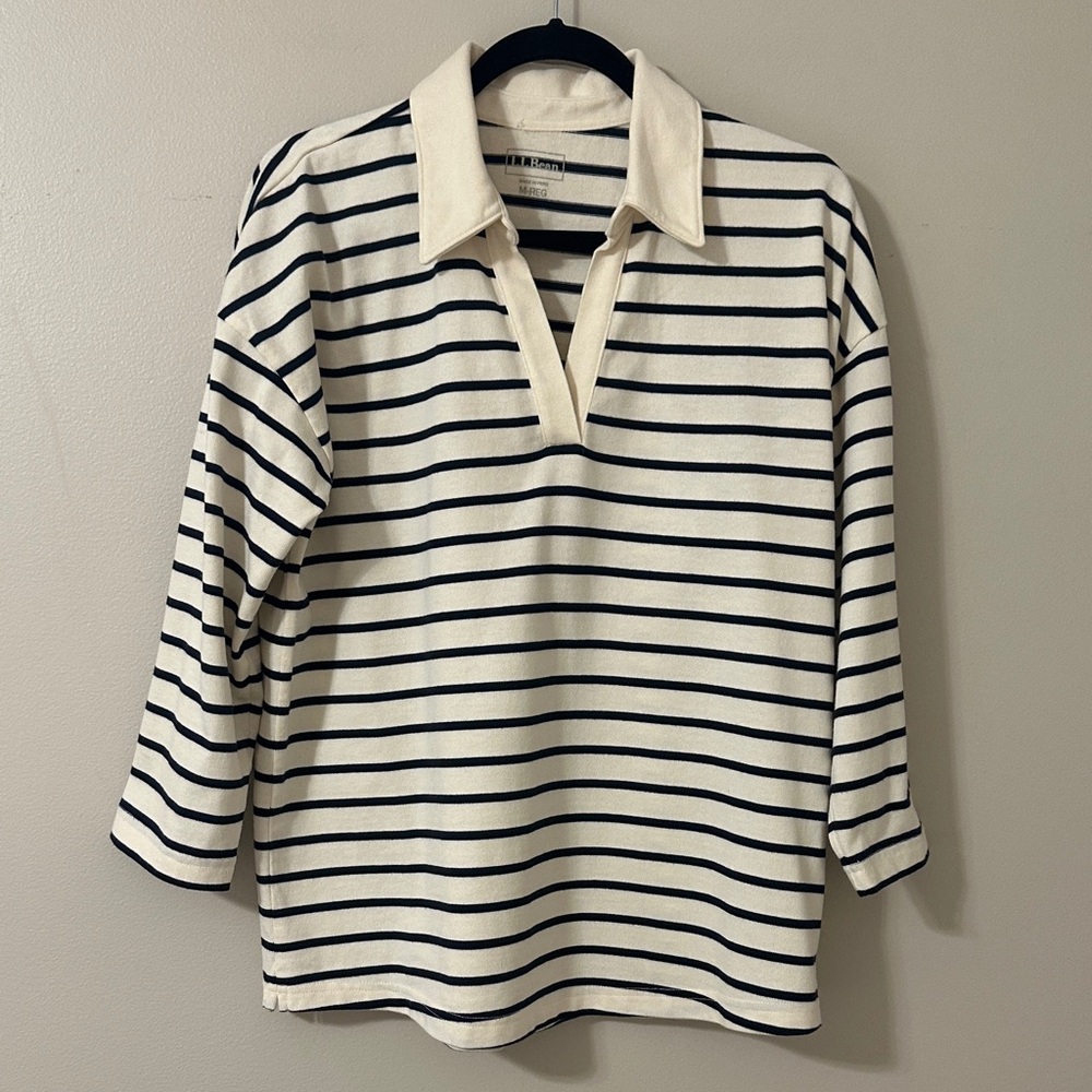 L.L.Bean Womens Heritage Mariner Splitneck Polo Shirt Top Cream/Navy Stripe Sz